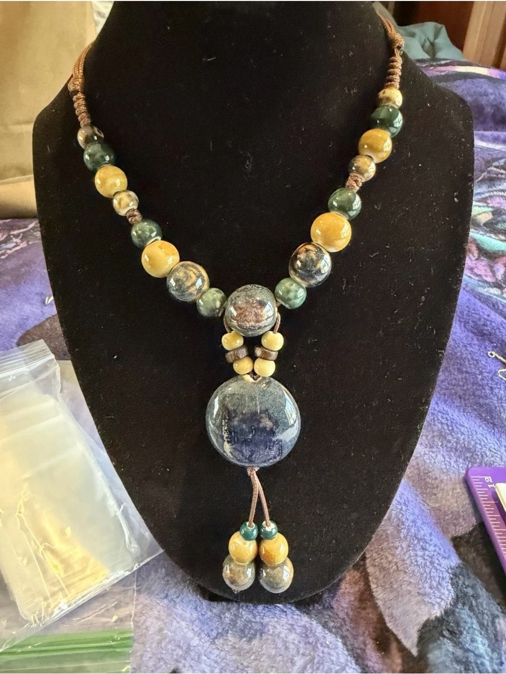 Bohemian Blue and Mustard Agate Beaded Pendant Necklace
